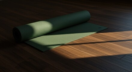 Rolled yoga mat on hardwood floor with sunlight