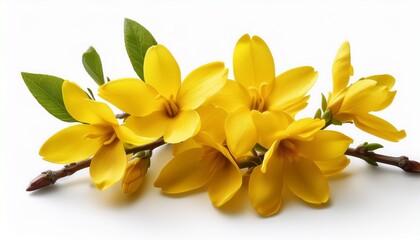 Obraz premium Bright Yellow Forsythia Flowers Isolated On White For Spring Floral Photography And Design