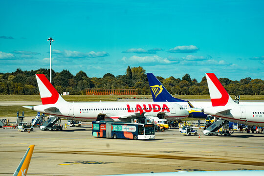 Ryanair Passenger Jet Airplane Logo, Lauda Europe Aircraft Aeroplane Parked On Tarmac, Stansted Airport Apron, Essex, London, England, United Kingdom - September 2025
