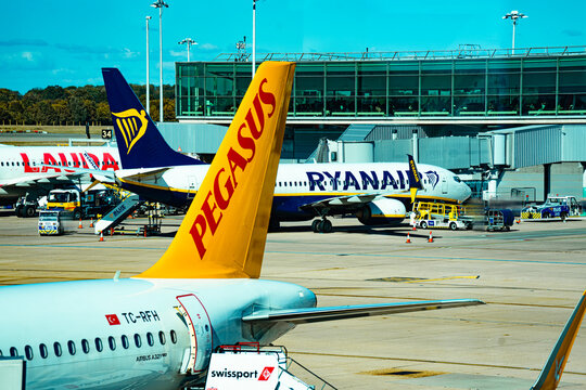 Pegasus Airlines Passenger Jet, Austrian Lauda Airbus Logo, European Ryanair Boeing Plane, Aircraft Parked On Tarmac, Stansted Airport Apron, Essex, London, England, United Kingdom - September 2025