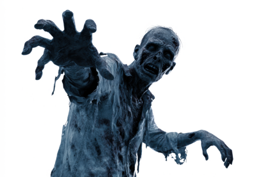 Creepy zombie reaching forward undead monster with decaying flesh isolated on white background