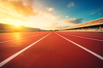 A vibrant sunset over an empty athletic track, showcasing the serene atmosphere of a stadium