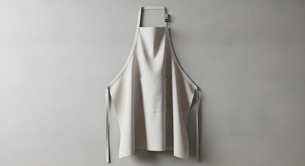 A white apron hangs against a textured gray wall. Soft natural light highlights its simple design, made of clean fabric. Neutral tones create a minimalist domestic scene.