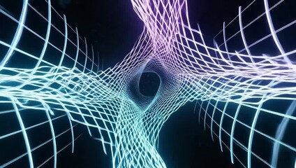 Abstract Digital Grid Tunnel with Glowing Neon Lines and Vibrant Gradient Colors, Representing Data Flow and Futuristic Technology - Powered by Adobe