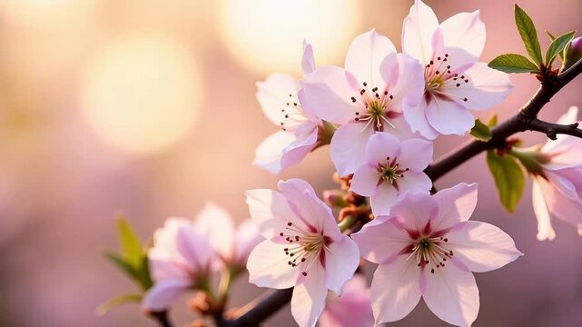 Gentle spring blossoms dancing in the breeze with soft, warm lighting creates a serene and peaceful mood perfect for mindfulness or wellness content
