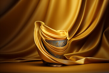 Elegant golden silk draped around an ornate bowl, creating a luxurious still life scene