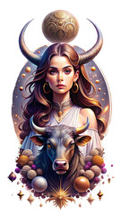 Esoteric Woman with Bull Horns Representing the Taurus Sign, Astrology Art Style 