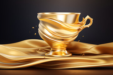 A stunning golden cup with swirling design sits on a flowing fabric backdrop, capturing elegance