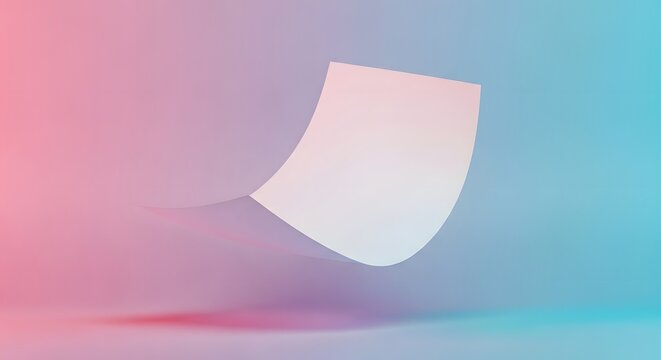 A white sheet of paper curves against a gradient background transitioning from blue to pink. The abstract design is clean and modern creating soft elegant and simple composition.