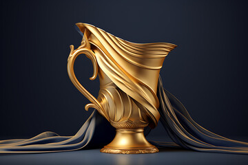 Elegant golden pitcher with flowing drapery, set against a dark background, showcasing artistry