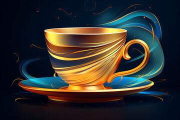 Elegant golden cup with swirling patterns, steam rising, on a dark background, ideal for beverage themes