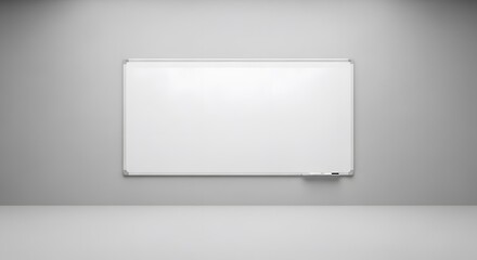 Clean and empty whiteboard mounted on a gray wall with soft diffused lighting. Ideal mockup for presentations, lessons, or brainstorming sessions in a modern office or studio environment.