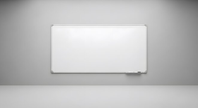 Clean and empty whiteboard mounted on a gray wall with soft diffused lighting. Ideal mockup for presentations, lessons, or brainstorming sessions in a modern office or studio environment.