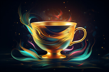 A beautifully crafted golden cup surrounded by colorful swirling patterns, glowing softly