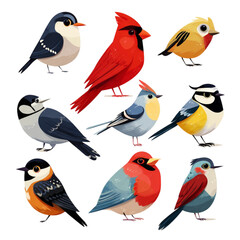 Fototapeta premium Set of nine cute cartoon birds isolated on a white background.