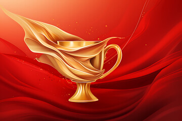 A golden trophy displayed prominently against a vibrant red silk backdrop, symbolizing victory