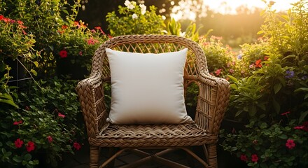Wicker chair with a white pillow nestled among vibrant greenery in a garden setting illuminated by soft sunlight. The scene captures outdoor relaxation, home decor, and peaceful nature.