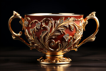 Ornate golden trophy with intricate floral designs displayed against a dark backdrop