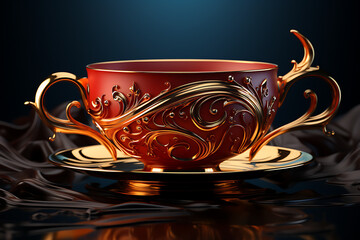 Ornate red cup with golden embellishments resting on a reflective surface, showcasing elegance