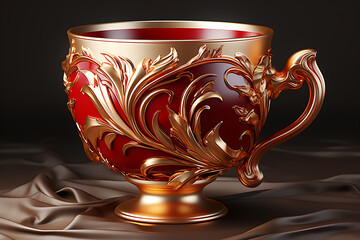 Ornate golden cup with intricate floral designs resting on a smooth fabric surface