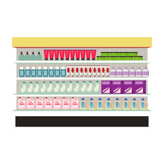 Fototapeta premium Supermarket shelf with food products inside, flat cartoon design