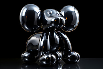 A shiny black elephant figurine sitting gracefully on a reflective surface against a dark background