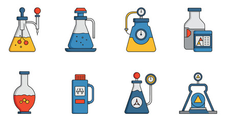 Collection of colorful vintage laboratory glassware and scientific equipment icons