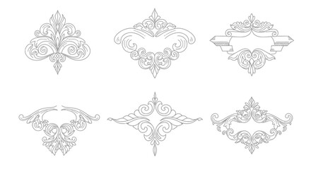 Elegant vintage floral ornaments and decorative scroll work designs in black and white