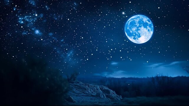 The night sky features a bright moon, with the moon surrounded by twinkling stars. The stars illuminate the dark landscape, casting light around the moon.