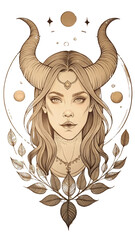 Esoteric Woman with Bull Horns Representing the Taurus Sign, Astrology Art Style 