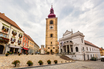 Catholic church tower in the center of the medieval city of Ptuj, Slovenia.