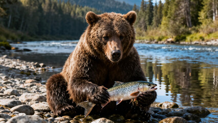 Obraz premium Brown bear holding caught fish by river in natural habitat 
