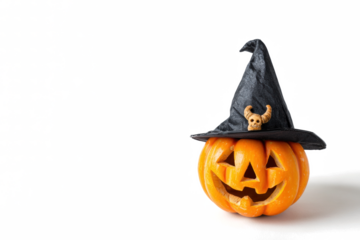 Halloween pumpkin wearing a witch hat carved with a smiling face isolated on white background