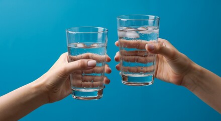 A clean shot of two hands holding ice water glasses on a blue background, perfect for health and wellness campaigns, hydration themes, and beverage product photography.