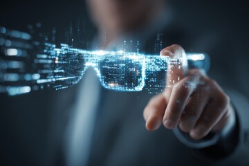 Man using futuristic augmented reality glasses, interacting with a digital interface with bright blue lights and advanced technology, representing the future of communication