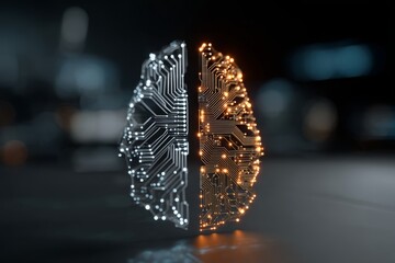 A conceptual image of the human brain depicted as a circuit board, symbolizing artificial intelligence, neural networks, and advanced technology, with glowing elements.