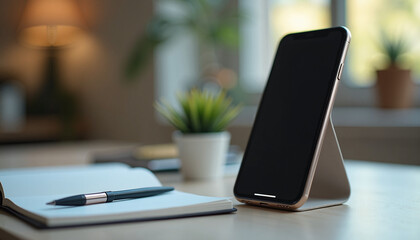Smartphone mockup on desk with open notebook and pen for study or work, smartphone mockup ideal for presentations. Smartphone mockup with clean style is used for mobile app or website promotion.