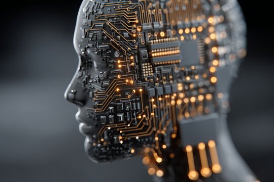 A futuristic human head with integrated circuits, showcasing advanced technology and artificial intelligence, depicting the future of human-machine interfaces and cybernetics.