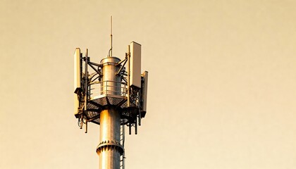 Medium shot focusing on a tall monopole wireless tower with antennas capturing the sleek design and modern technology used for cellular network coverage.