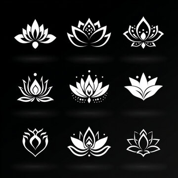Set of nine elegant white lotus flower symbols on a black background.