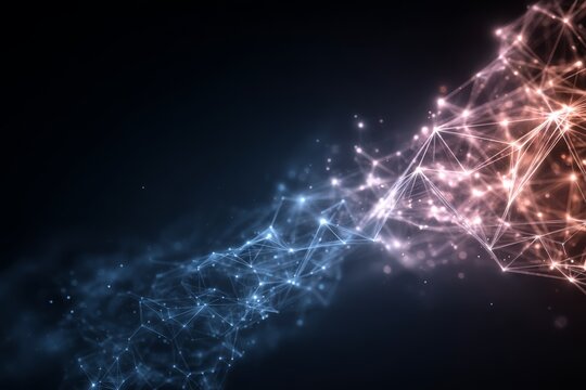 Abstract network structure with interconnected points in a blue and orange gradient, representing connections, technology, and modern digital innovation, on a dark background.