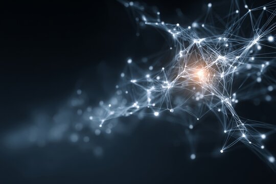 Abstract glowing network connections on dark background, depicting the interconnection of dots and lines, representing data, information, and communication structure.