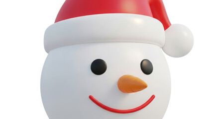 Close up of a cheerful snowman head wearing a red santa hat isolated on white background