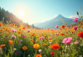 Obraz premium Vibrant Spring Wildflowers Meadow Colorful Bloom Nature Landscape Flora Color Explosion Sunshine