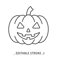 A Halloween pumpkin icon in a minimalist line style with editable stroke. Jack o lantern carving, spooky autumn vegetable, scary face decoration, october holiday symbol, evil smile tradition.
