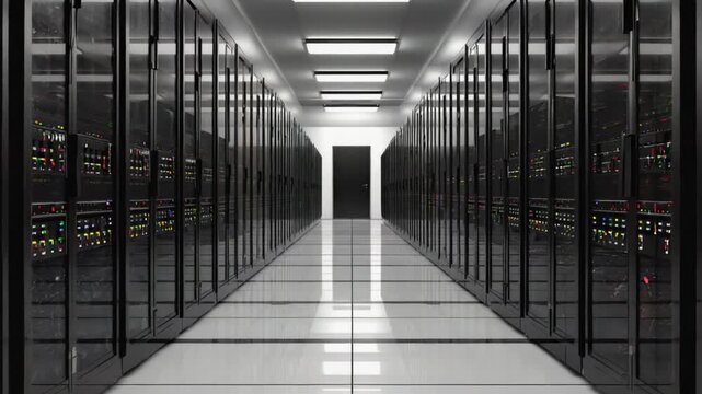 futuristic data center corridor with server racks video zoom in