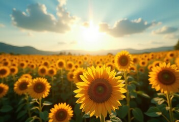 Obraz premium Vibrant Summer Sunflower Field Radiating Golden Light Under a Brilliant Blue Sky