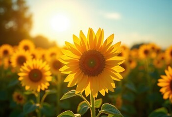 Obraz premium Vibrant Summer Sunflower Field Under a Brilliant Blue Sky with Sunlight Glinting Off Petals and Leaves