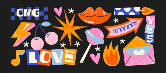 Doodle y2k patches, labels, tags, stickers, bracelet stamps in retro. Cartoon stickers in funky hipster groovy grunge 90s style. Vector set, trendy promo labels	
