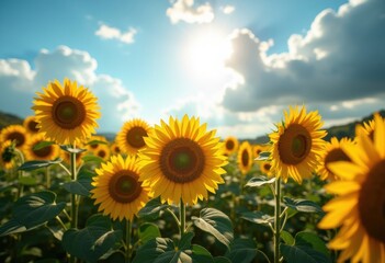 Fototapeta premium Vibrant Sunflower Field Bathed in Bright Summer Sunlight with Blue Sky and Puffy White Clouds